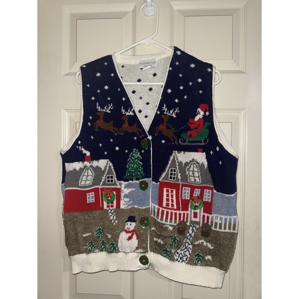 Vintage Sweater Loft New York Holiday vest  womens s/m  Made In USA  snowman‎